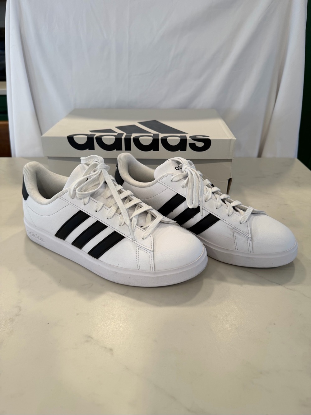 Adidas Grand Coury 2.0 White Sneakers with Black Three-Stripes